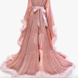 Womens Sexy Feather Bridal Robe Dusty Rose+blush